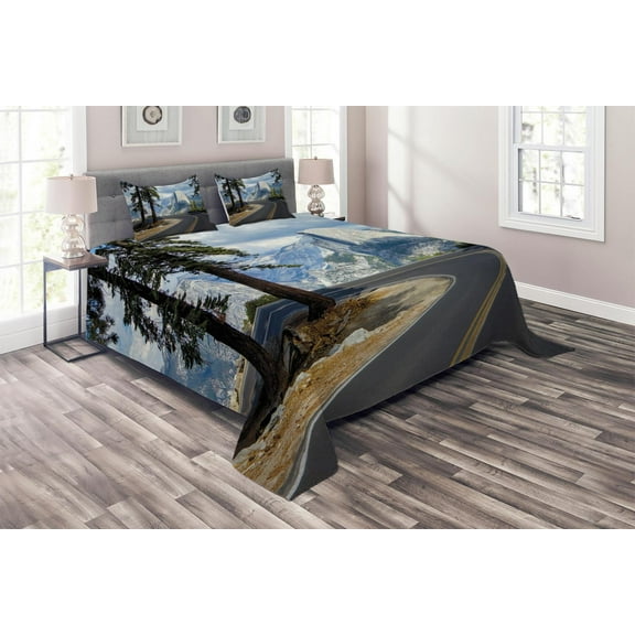 Ambesonne Green Quilted Coverlet 3 Pcs, Mountain Road Landscape, King Size, Green