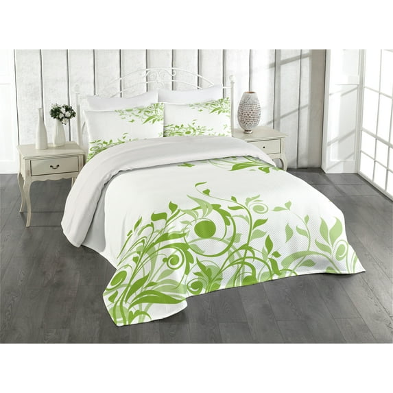 Ambesonne Green Quilted Coverlet 3 Pcs, Spring Time Butterfly, Queen Size, Lime Green Pale Green