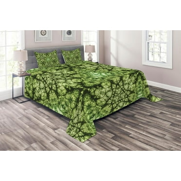 Ambesonne Green Quilted Coverlet 3 Pcs, Tie Dye Effect Bohemian Art, Queen Size, Green
