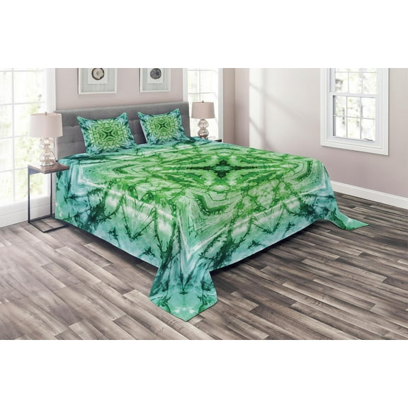 Ambesonne Green Quilted Coverlet 3 Pcs, Tie Dye Effect Bohemian, Queen Size, Green and Teal