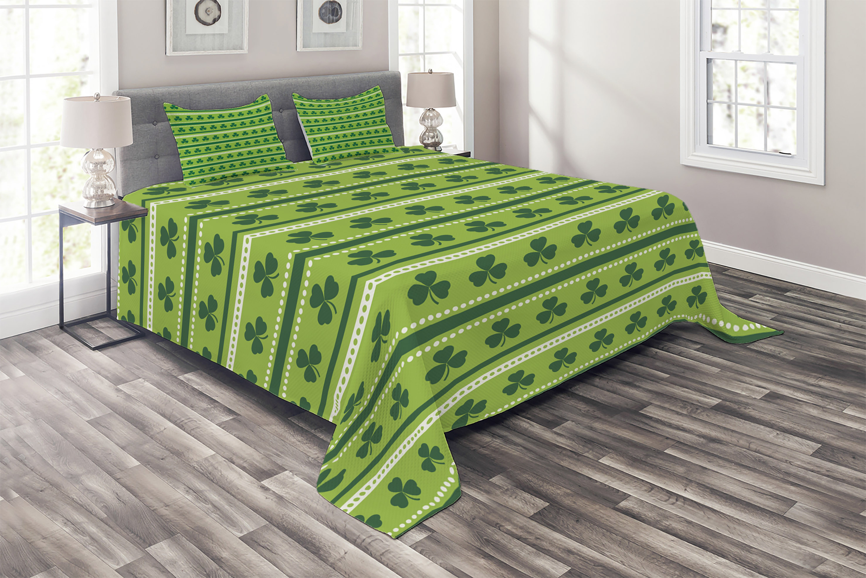 Ambesonne Green Quilted Coverlet 3 Pcs, Traditional Irish Clovers