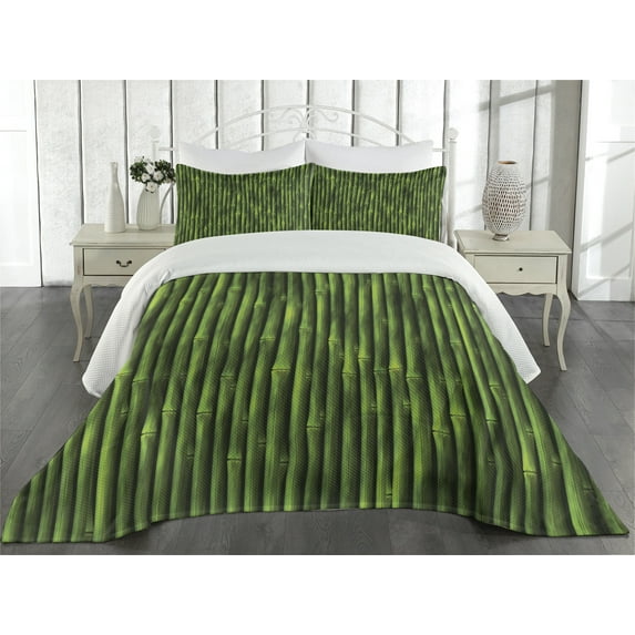 Ambesonne Green Quilted Coverlet 3 Pcs, Tropical Ornament Closeup, Queen Size, Fern Green