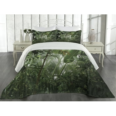Ambesonne Green Quilted Coverlet 3 Pcs, Tropical Rainforest Wild, King Size, Green
