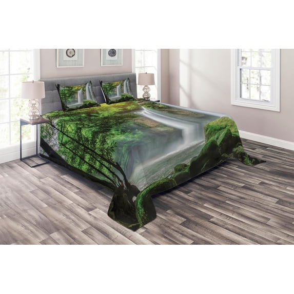 Ambesonne Green Quilted Coverlet 3 Pcs, Waterfall Nature Exotic, King Size, White Green