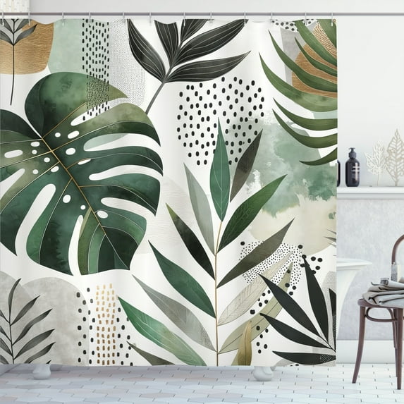 Ambesonne Green Shower Curtain, Boho Urban Jungle Leaves Dots, 69"Wx84"L, Fawn Eggshell Teal