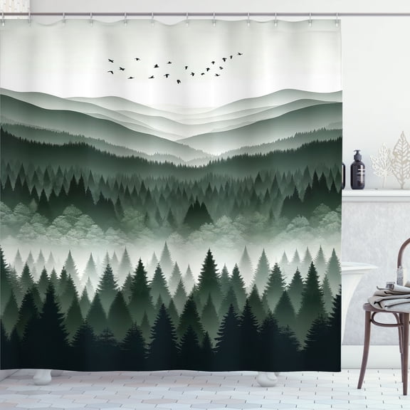Ambesonne Green Shower Curtain, Modern Woods Mountain Range, 69"Wx84"L, Emerald Off White