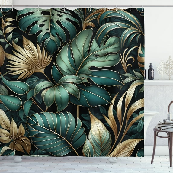 Ambesonne Green Shower Curtain, Night Jungle Leaves Jade Tone, 69"Wx75"L, Petrol Blue Khaki Teal