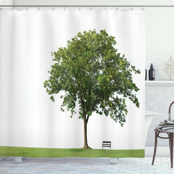 Ambesonne Green Shower Curtain, Solitude Bench Nobody, 69"Wx84"L, Green White