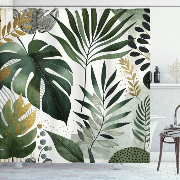 Ambesonne Green Shower Curtain, Tropical Nature Design Leaves, 69"Wx75"L, Emerald Ivory Pale Brown
