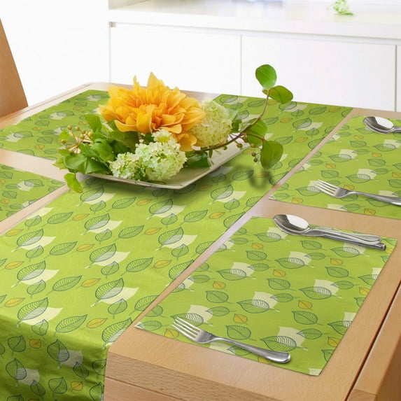 Ambesonne Green Table Runner & Placemats, Abstract Falling Leaf, Placemat 4 pcs + Runner 12"x90", Pale Yellow Apple Green