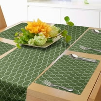 Ambesonne Green Table Runner & Placemats, Geometric Wave Like Shape, Placemat 4 pcs   Runner 12"x72", Olive Green and White