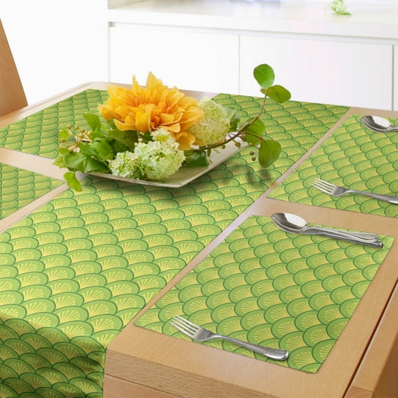 Ambesonne Green Table Runner & Placemats, Japanese Floral Waves, Placemat 4 pcs + Runner 12"x90", Yellow Green Apple Green