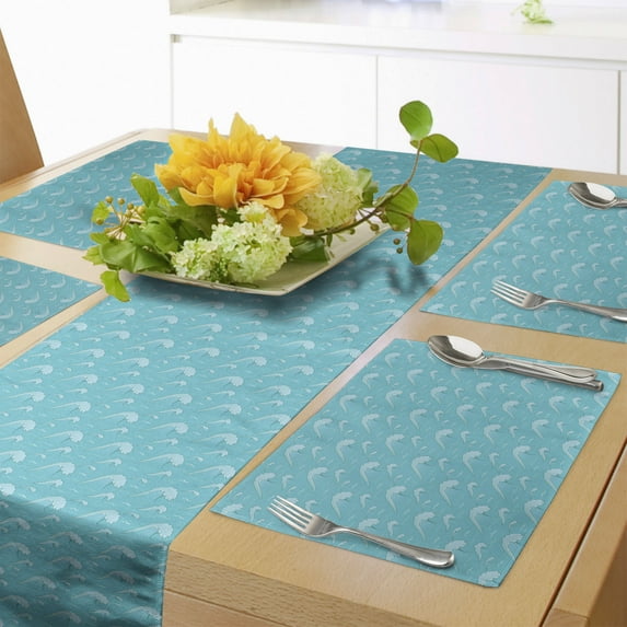 Ambesonne Green Table Runner & Placemats, Japanese Ocean Cartoon, Placemat 4 pcs + Runner 14"x90", Green