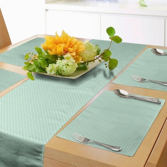 Ambesonne Green Table Runner & Placemats, Retro Little Polka Dots, Placemat 4 pcs + Runner 12"x72", Mint Green White