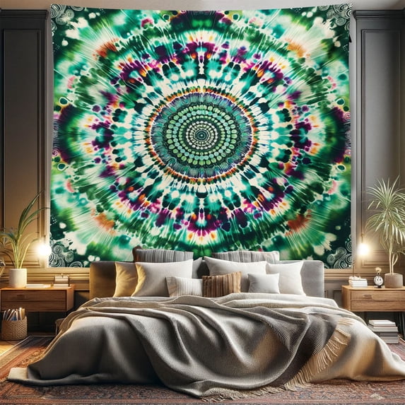 Ambesonne Green Tapestry King Size, Tie Dye Mandala Hippie Art, 104"x88", Plum Ginger and Jade Green