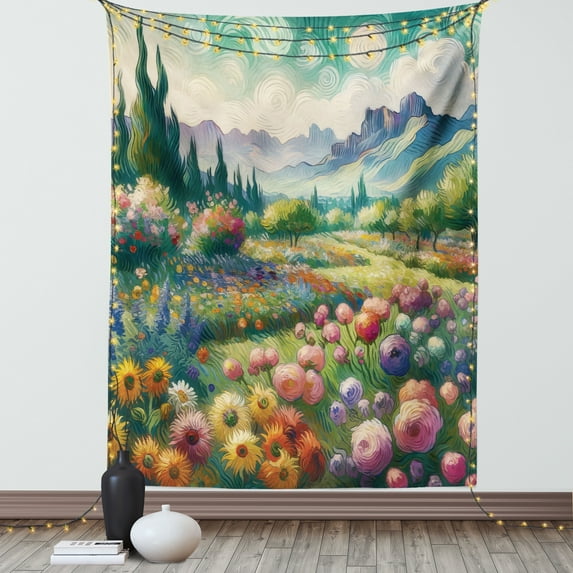 Ambesonne Green Tapestry Wall Hanging, Floral Prairie Painting Art, 40"x60", Teal Multicolor