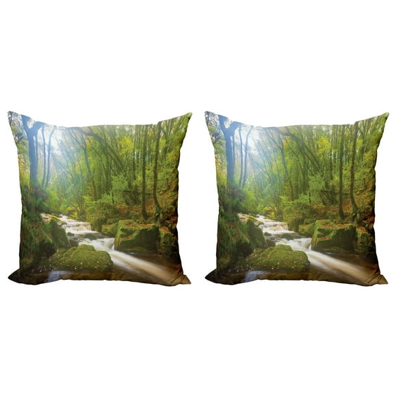 Ambesonne Green Throw Pillow Cover 2 Pack, Forest at Golitha Falls, 20", Green Brown
