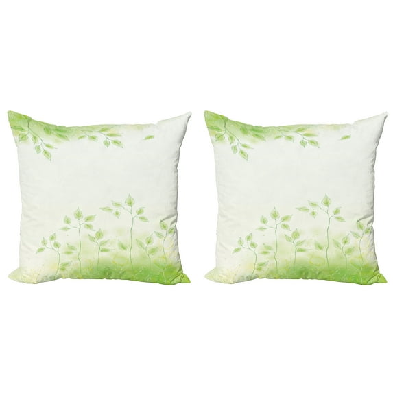Ambesonne Green Throw Pillow Cover 2 Pack, Fresh Leaves Botanic Eco, 16", Soft Green