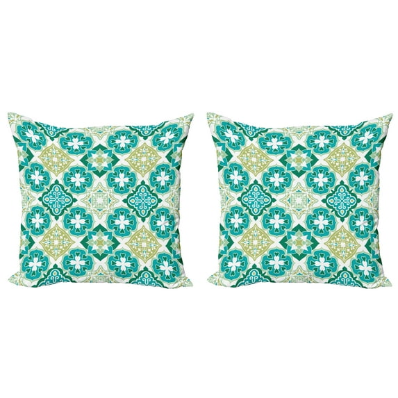 Ambesonne Green Throw Pillow Cover 2 Pack, Geometric Colored Tiles, 20", Green Teal White