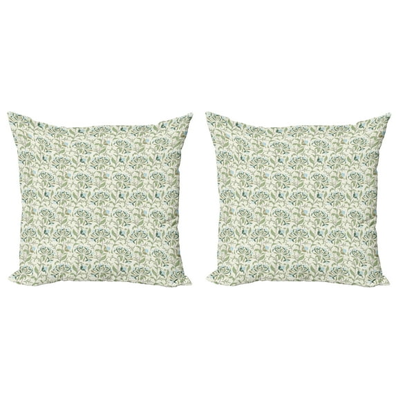 Ambesonne Green Throw Pillow Cover 2 Pack, Pastel Floral Ornaments, 16", Multicolor