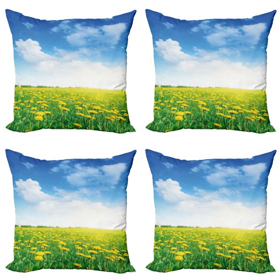 Ambesonne Green Throw Pillow Cover 4 Pack, Field Grassland, 24", Green Blue Yellow
