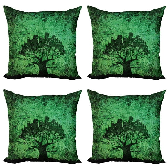Ambesonne Green Throw Pillow Cover 4 Pack, Modern City Buildings, 16", Green