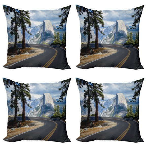 Ambesonne Green Throw Pillow Cover 4 Pack, Mountain Road Landscape, 16", Green