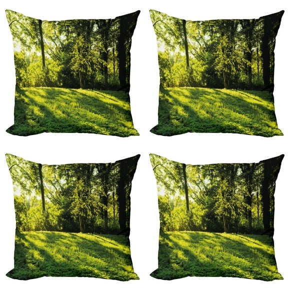 Ambesonne Green Throw Pillow Cover 4 Pack, Rising Sun Beams Forest, 24", Green