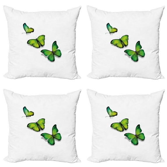 Ambesonne Green Throw Pillow Cover 4 Pack, Spring Butterfly, 24", Lime Green Fern Green