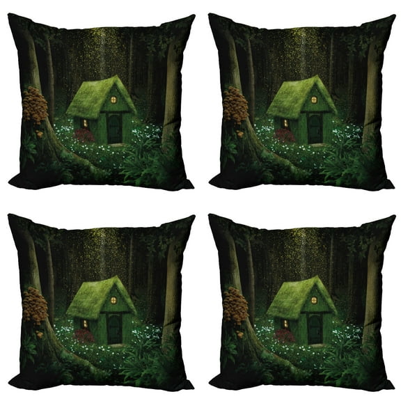 Ambesonne Green Throw Pillow Cover 4 Pack, Surreal Forest House, 18", Hunter Green Army Green