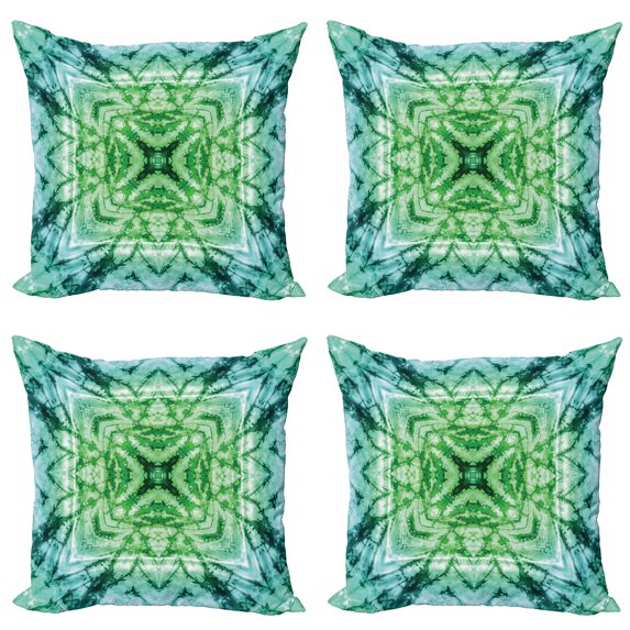 Ambesonne Green Throw Pillow Cover 4 Pack, Tie Dye Effect Bohemian, 18", Green and Teal