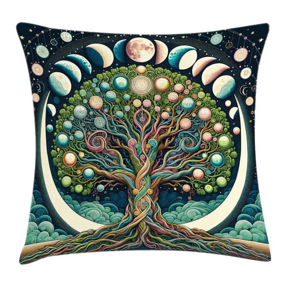 Ambesonne Green Throw Pillow Cushion Cover, Moon Phases Tree of Life Art, 20" X 20", Teal Blue Dried Rose
