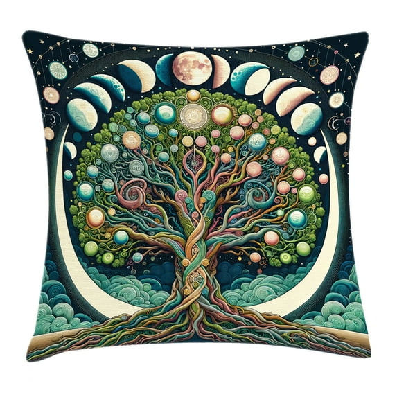 Ambesonne Green Throw Pillow Cushion Cover, Moon Phases Tree of Life Art, 40" X 40", Teal Blue Dried Rose