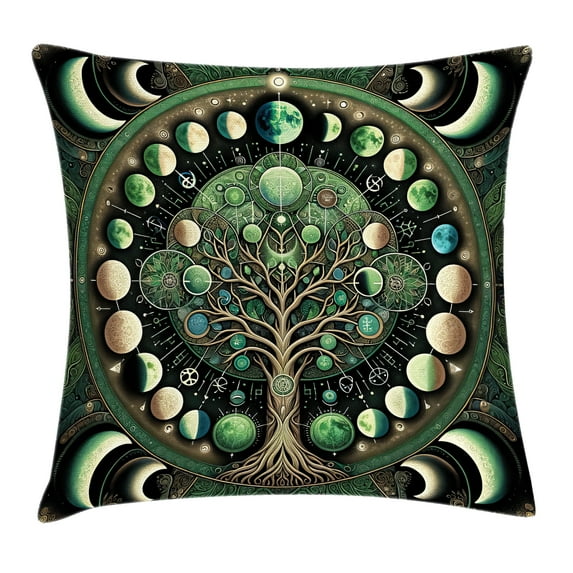 Ambesonne Green Throw Pillow Cushion Cover, Tree of Life Enhance Night, 18" X 18", Black Ecru Fern Green