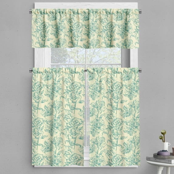 Ambesonne Green Valance & Curtain, Botanical Floral Vintage, 55"x24", Cream Pale Blue