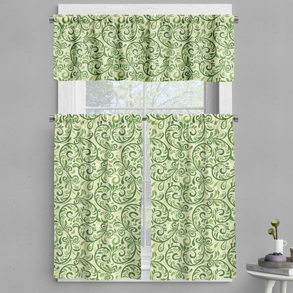 Ambesonne Green Valance & Curtain, Curly Ornate Leaf Damask, 55"x30", Pale Green Fern Green