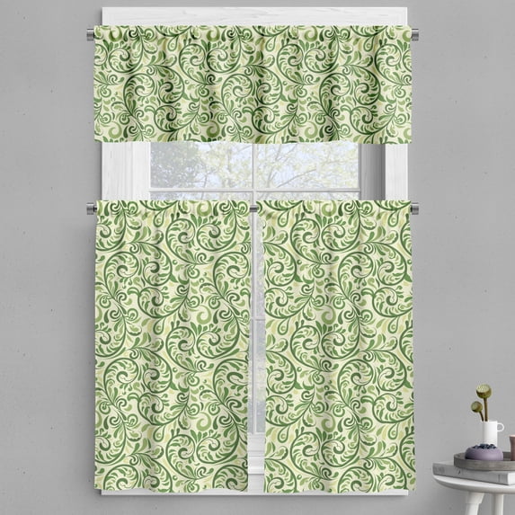 Ambesonne Green Valance & Curtain, Curly Ornate Leaf Damask, 55"x45", Pale Green Fern Green