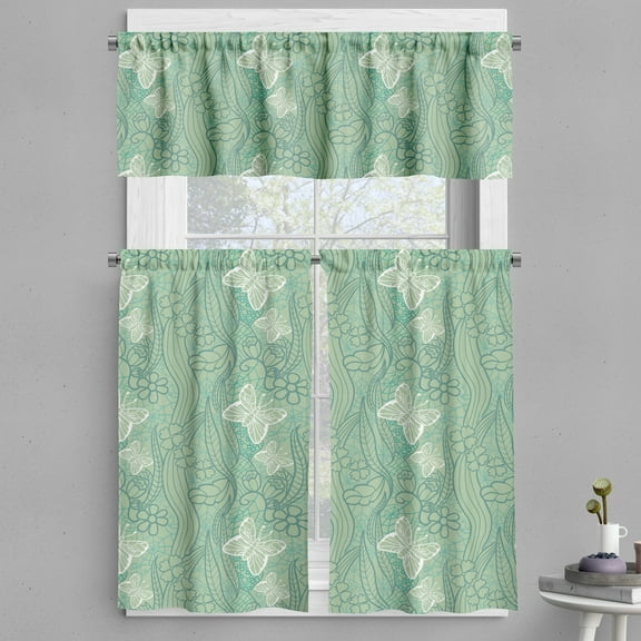Ambesonne Green Valance & Curtain, Lace Style Butterflies, 55"x24", Pale Green Turquoise