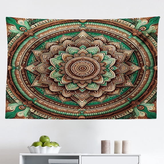 Ambesonne Green Wall Hanging Tapestry, Bicolor Folk Mandala Ethnic, 45"x30", Chestnut Brown