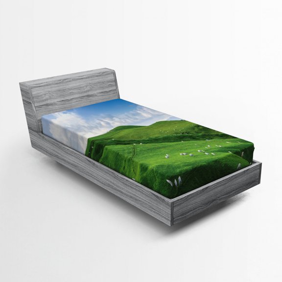 Ambesonne Green White Fitted Sheet, Sheep and Blue Sky, Twin XL Size, Green White