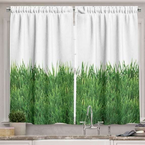 Ambesonne Green White Kitchen Curtains, Grass Lawn Nature Art, 55"x45", Emerald