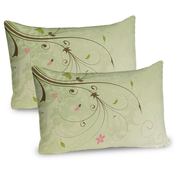 Ambesonne Green and Brown Pillow Sham 2 Pack, Swirls Lines Petal, 26"x20", Pale Green Brown Pink