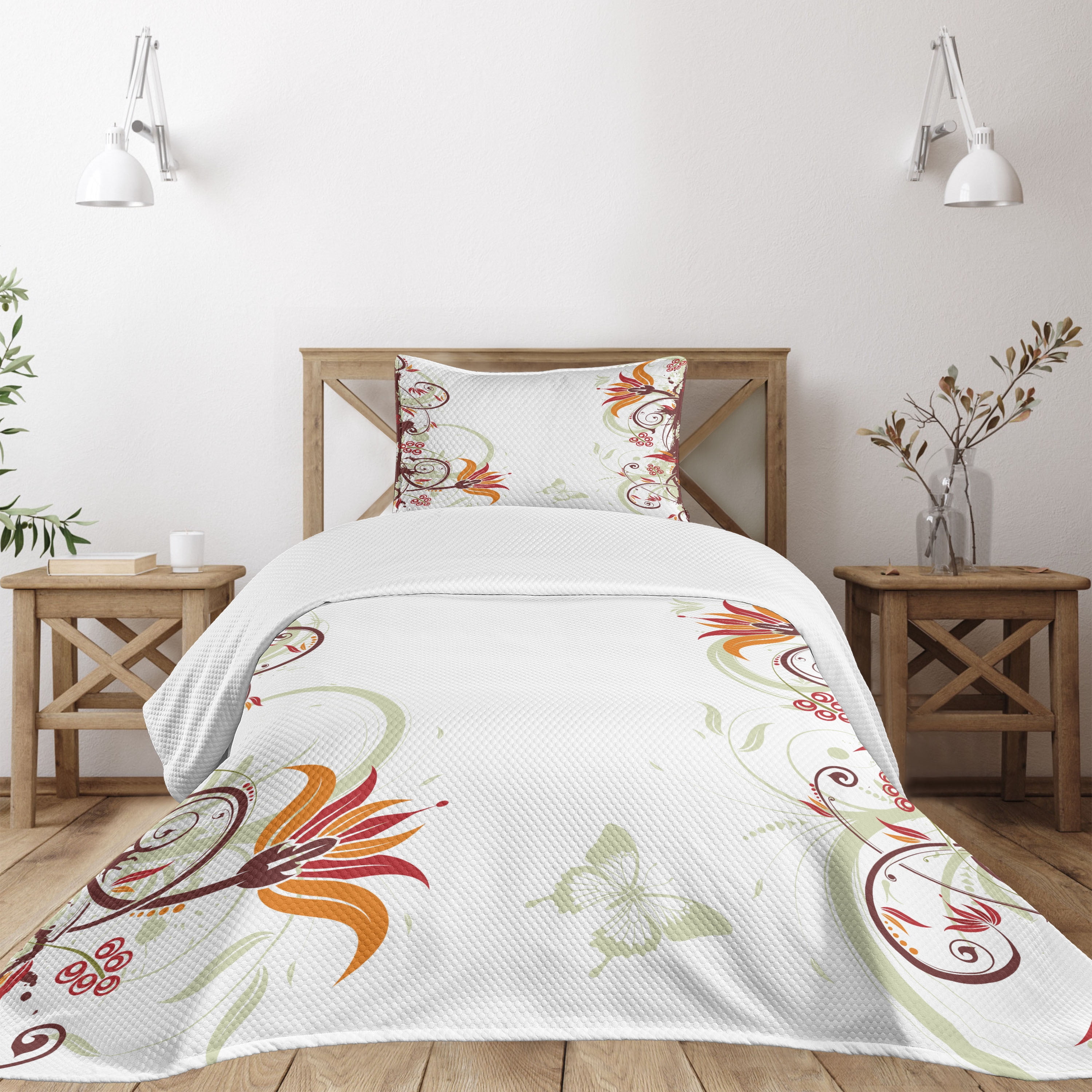 White Quilted Twin Bedspread Set with Floral Design