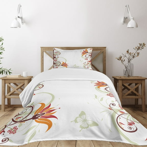 Ambesonne Green and Brown Quilted Bedspread Set 2 Pcs, Flora and Fauna, Twin Size, Multicolor