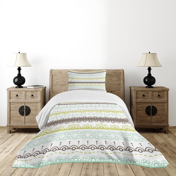Ambesonne Green and Brown Quilted Bedspread Set 2 Pcs, Lace Pattern, Twin Size, Yellow Green Mint Green