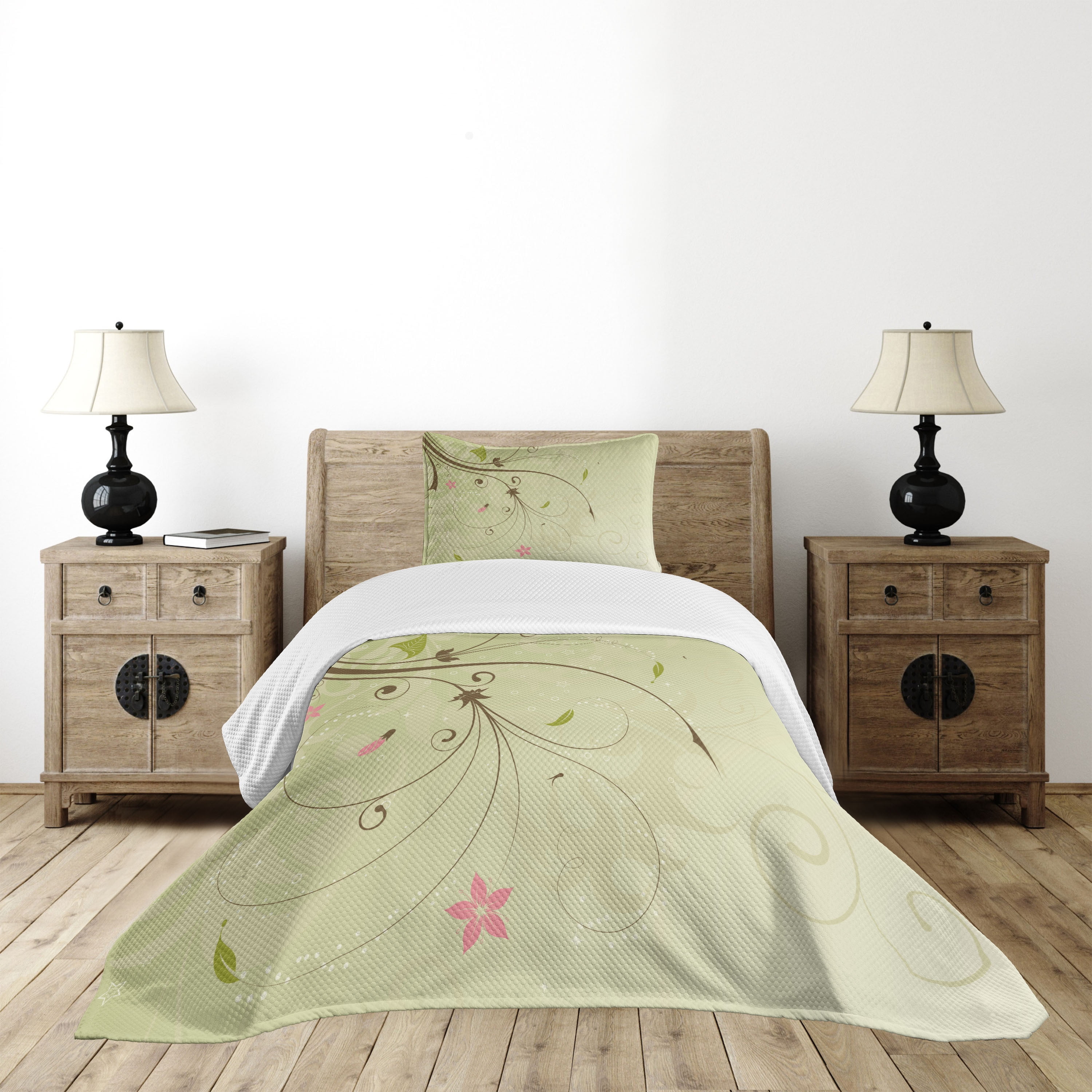 Twin Pink and Green Polyester Quilted Bedspread Set