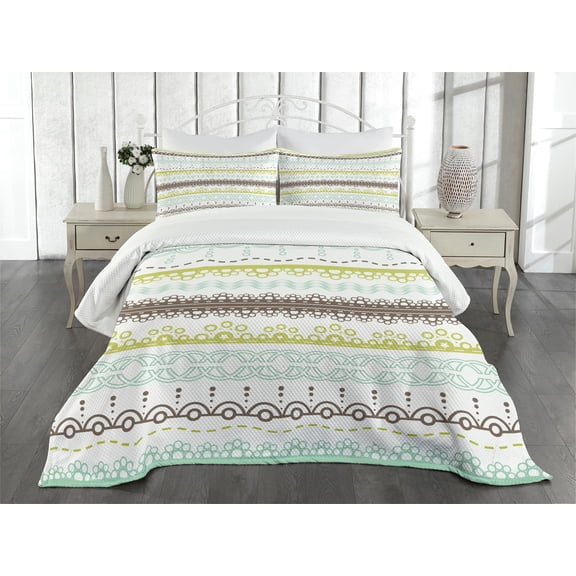 Ambesonne Green and Brown Quilted Bedspread Set 3 Pcs, Lace Pattern, Queen Size, Yellow Green Mint Green