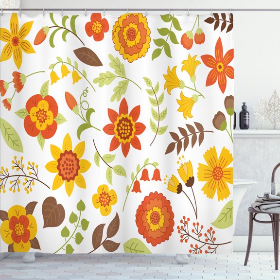 Ambesonne Green and Brown Shower Curtain, Floral and Vintage, 69"Wx70"L, Multicolor