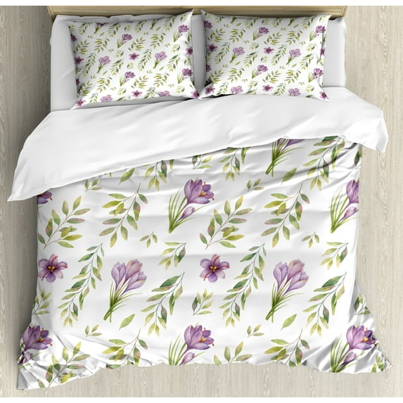 Ambesonne Green and Purple Duvet Cover Sets, Pastel Floral Leaf, 2-King, Mauve Khaki White