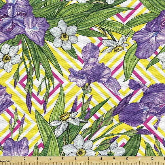 Ambesonne Green and Purple Fabric by the Yard Upholstery, Iris and Narcissus, 2 Yards, Multicolor